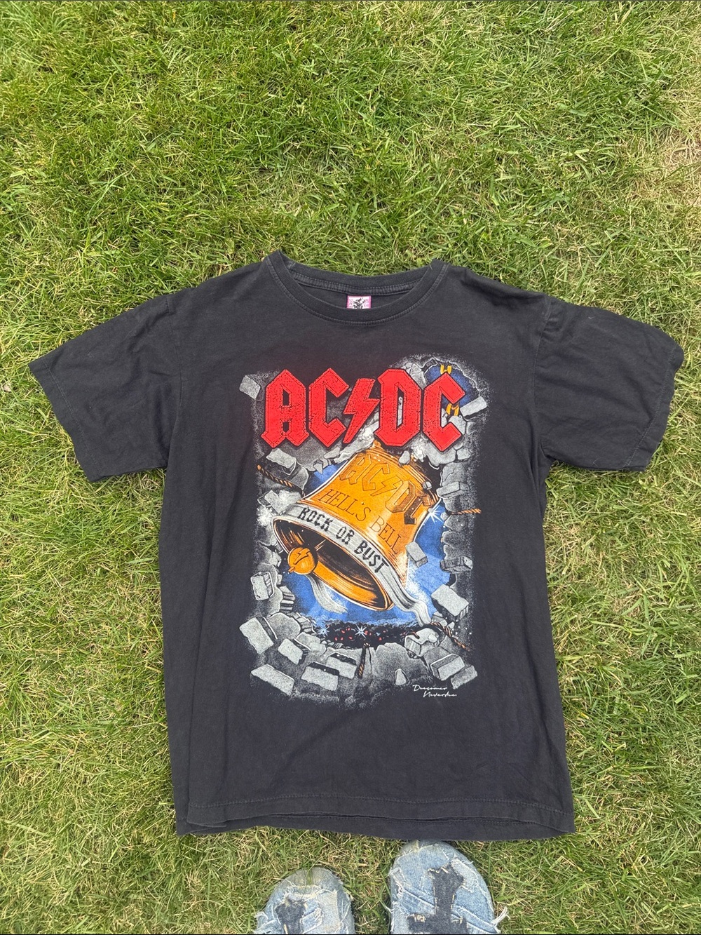 AC/DC Kids Black Tee with Red Logo and Gold Bell Graphic